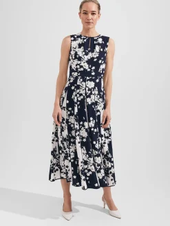 Clearance Hobbs Angelica Floral Pleated Dress Midnight Ivory