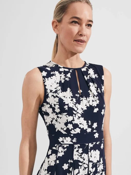 Clearance Hobbs Angelica Floral Pleated Dress Midnight Ivory