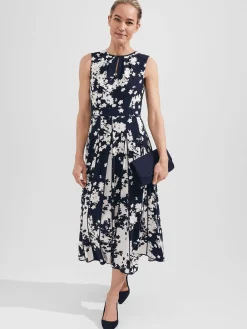 Clearance Hobbs Angelica Floral Pleated Dress Midnight Ivory