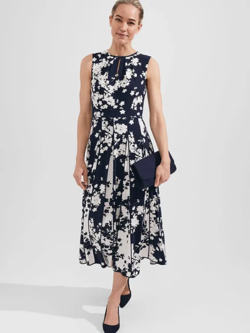 Clearance Hobbs Angelica Floral Pleated Dress Midnight Ivory