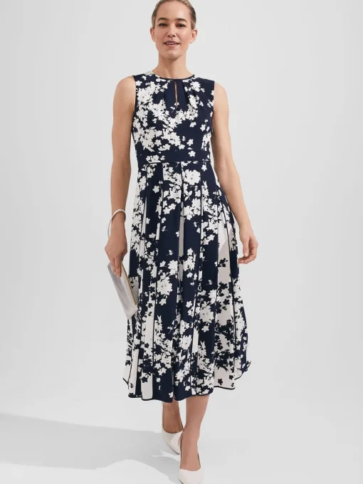 Clearance Hobbs Angelica Floral Pleated Dress Midnight Ivory