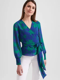 Cheap Hobbs Elizabeth Printed Wrap Blouse Blue Green