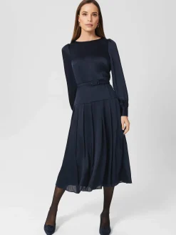Cheap Hobbs Isabella Satin Pleated Dress Navy