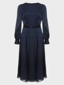 Cheap Hobbs Isabella Satin Pleated Dress Navy