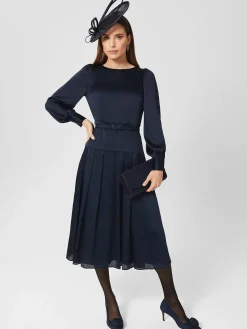 Cheap Hobbs Isabella Satin Pleated Dress Navy