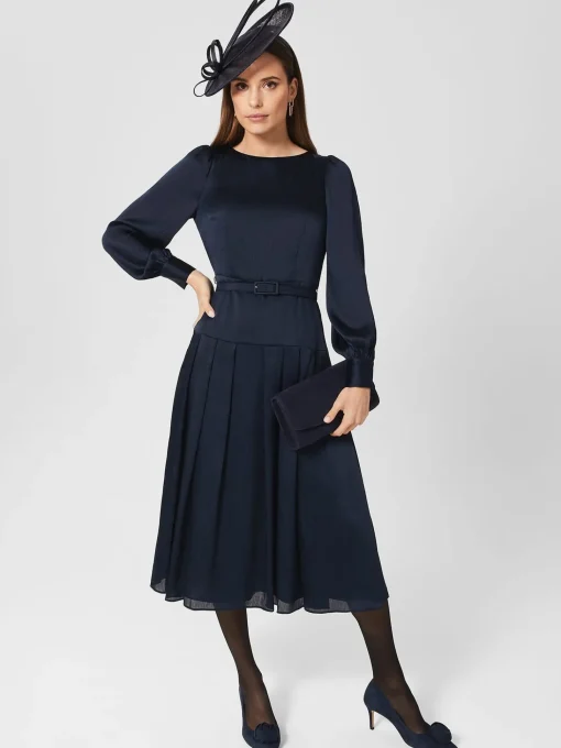 Cheap Hobbs Isabella Satin Pleated Dress Navy