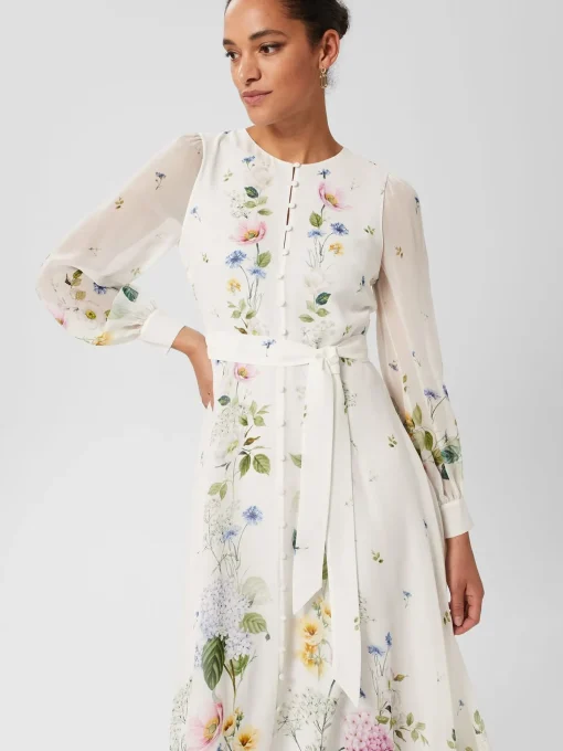 Cheap Hobbs Maribella Silk Floral Dress Ivory Multi