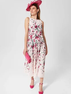 Clearance Hobbs Petite Carly Floral Midi Dress Pink Multi