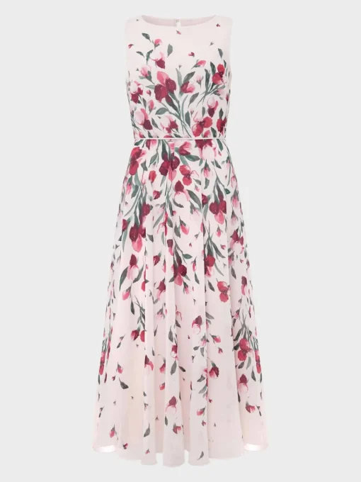 Clearance Hobbs Petite Carly Floral Midi Dress Pink Multi