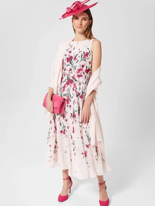 Clearance Hobbs Petite Carly Floral Midi Dress Pink Multi