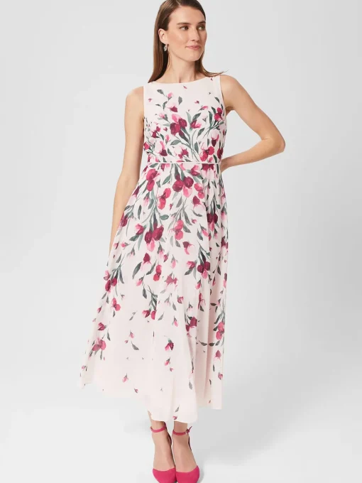 Clearance Hobbs Petite Carly Floral Midi Dress Pink Multi