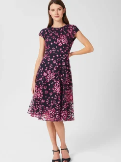 Clearance Hobbs Tia Floral Embroidered Dress Navy Pink