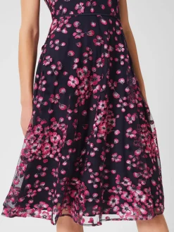 Clearance Hobbs Tia Floral Embroidered Dress Navy Pink