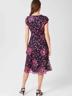 Clearance Hobbs Tia Floral Embroidered Dress Navy Pink