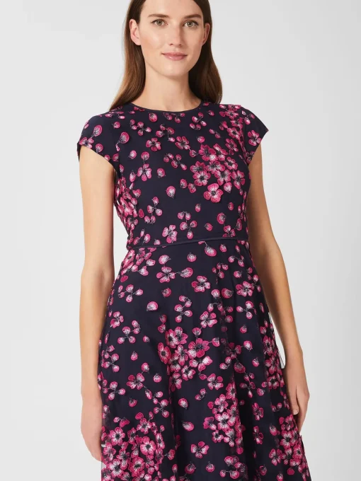 Clearance Hobbs Tia Floral Embroidered Dress Navy Pink