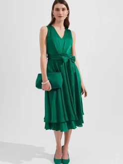 Sale Hobbs Viola Satin Fit And Flare Dress Meadow Green
